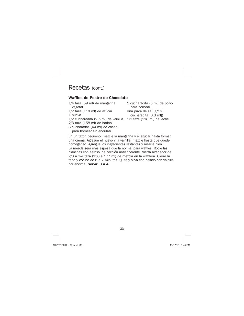 Recetas, Cont.) | Proctor-Silex Round Belgian Waffle Maker-26070 User Manual | Page 33 / 36