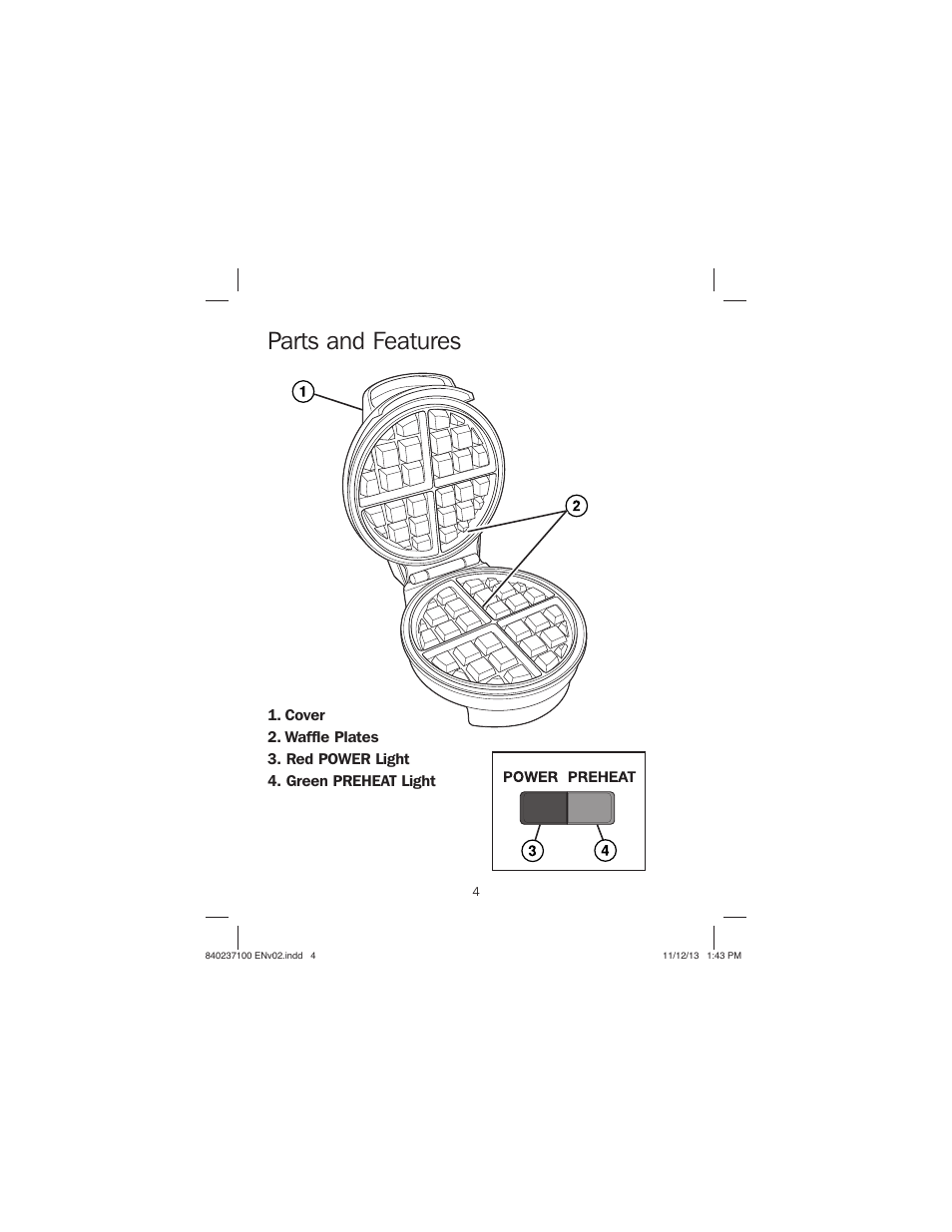 Parts and features | Proctor-Silex Round Belgian Waffle Maker-26070 User Manual | Page 4 / 36