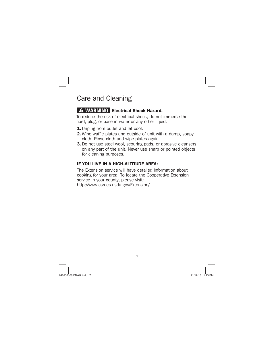 Care and cleaning, Wwarning | Proctor-Silex Round Belgian Waffle Maker-26070 User Manual | Page 7 / 36