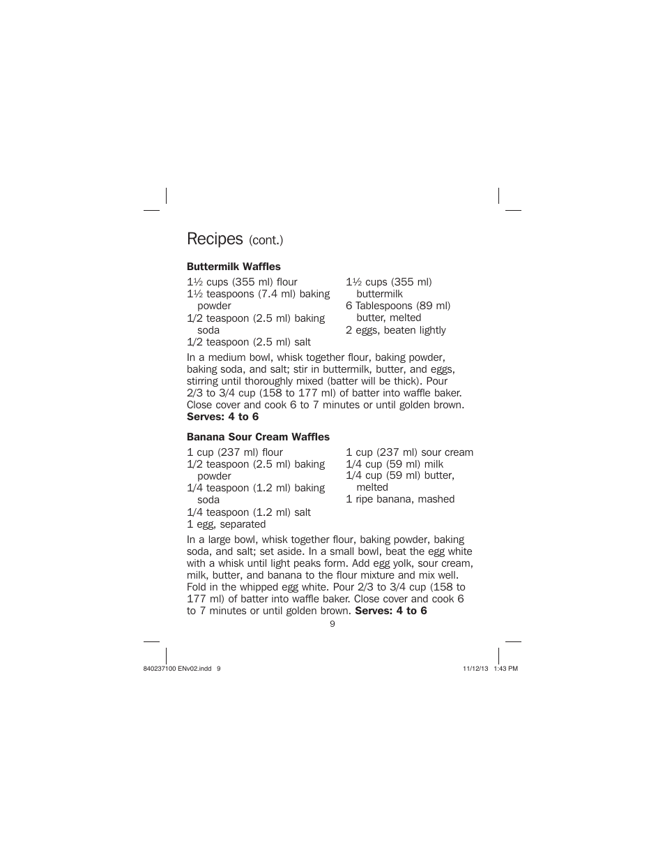 Recipes, Cont.) | Proctor-Silex Round Belgian Waffle Maker-26070 User Manual | Page 9 / 36