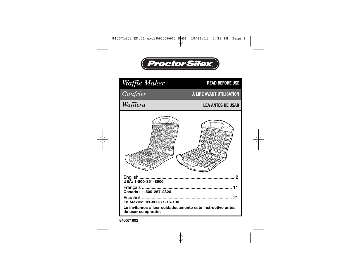 Proctor-Silex Square Belgian Waffle Maker-26050Y User Manual | 19 pages