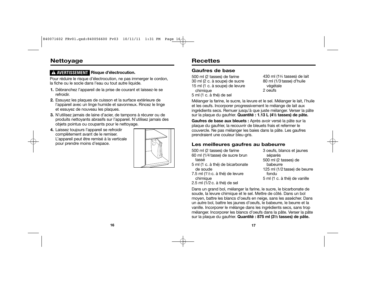 Recettes, Nettoyage | Proctor-Silex Square Belgian Waffle Maker-26050Y User Manual | Page 10 / 19