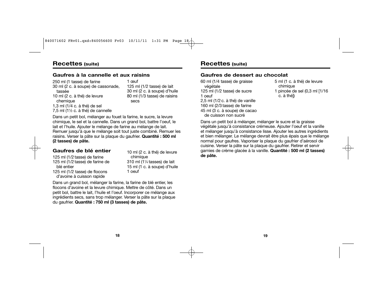 Recettes | Proctor-Silex Square Belgian Waffle Maker-26050Y User Manual | Page 11 / 19