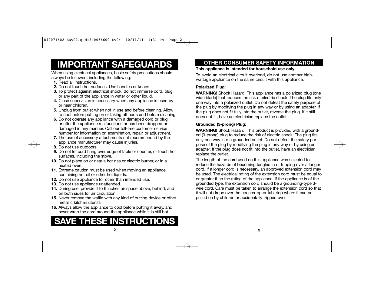 Important safeguards, Save these instructions | Proctor-Silex Square Belgian Waffle Maker-26050Y User Manual | Page 2 / 19