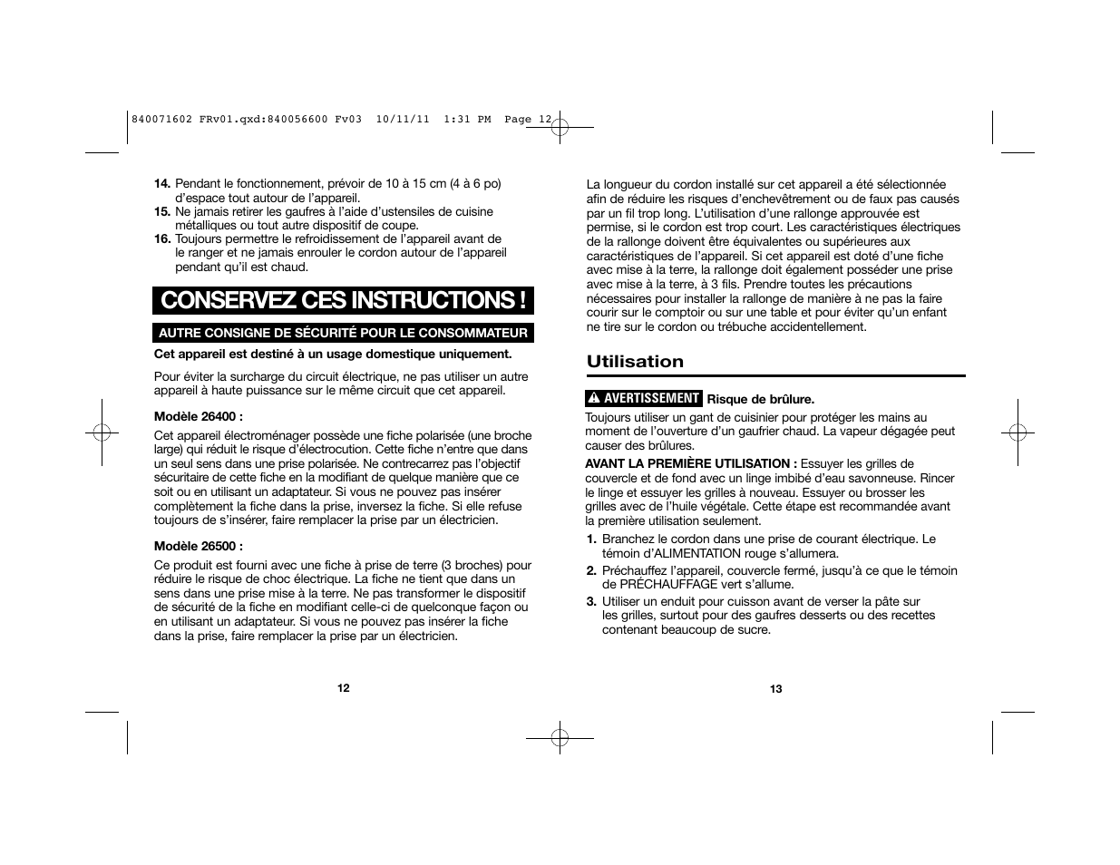 Conservez ces instructions, Utilisation | Proctor-Silex Square Belgian Waffle Maker-26050Y User Manual | Page 8 / 19