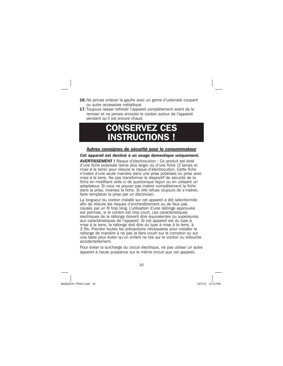 Conservez ces instructions | Proctor-Silex Belgian Flip Waffle Maker-26060Y User Manual | Page 10 / 28