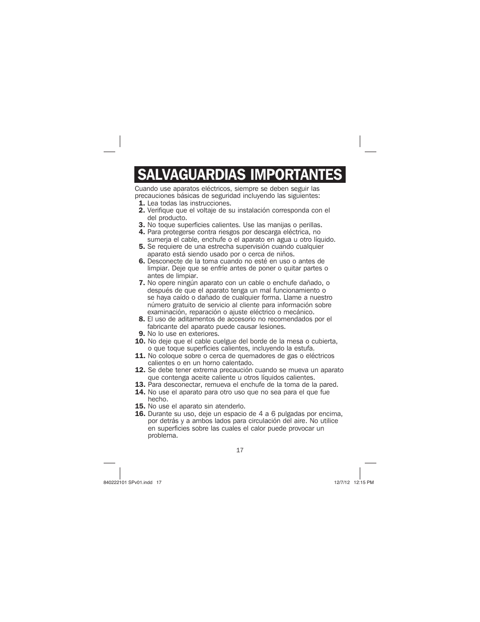 Salvaguardias importantes | Proctor-Silex Belgian Flip Waffle Maker-26060Y User Manual | Page 17 / 28