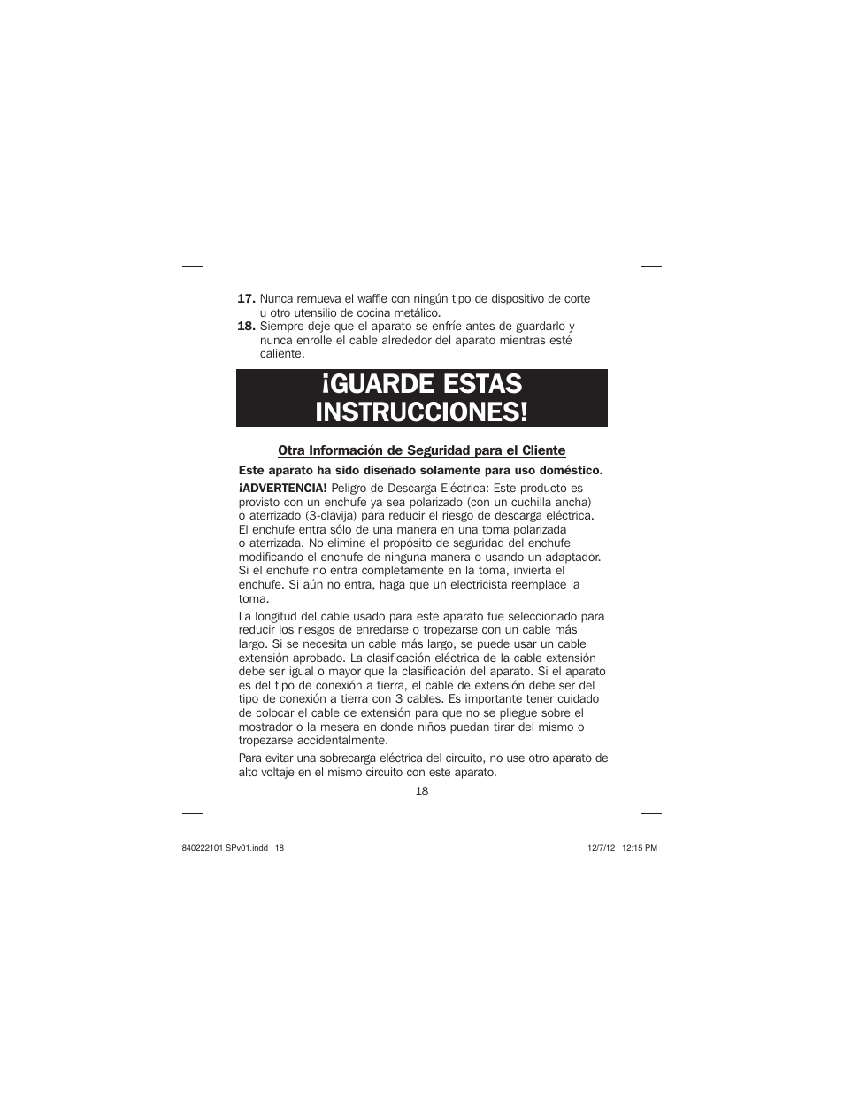 Guarde estas instrucciones | Proctor-Silex Belgian Flip Waffle Maker-26060Y User Manual | Page 18 / 28