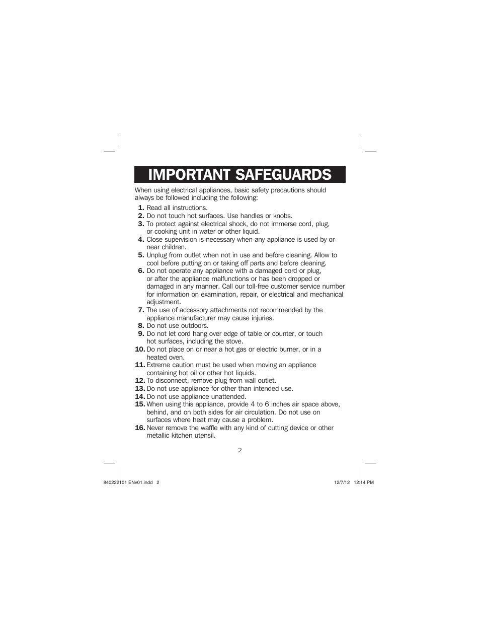 Important safeguards | Proctor-Silex Belgian Flip Waffle Maker-26060Y User Manual | Page 2 / 28