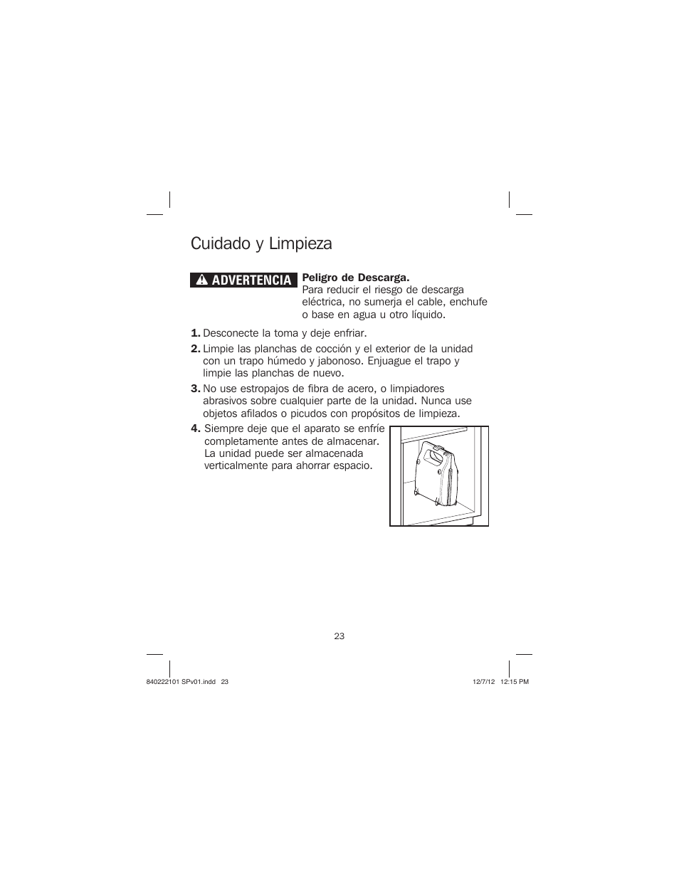 Cuidado y limpieza, Wadvertencia | Proctor-Silex Belgian Flip Waffle Maker-26060Y User Manual | Page 23 / 28
