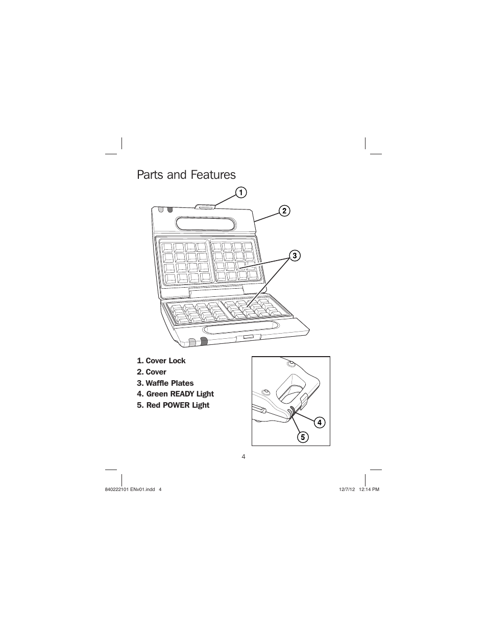 Parts and features | Proctor-Silex Belgian Flip Waffle Maker-26060Y User Manual | Page 4 / 28