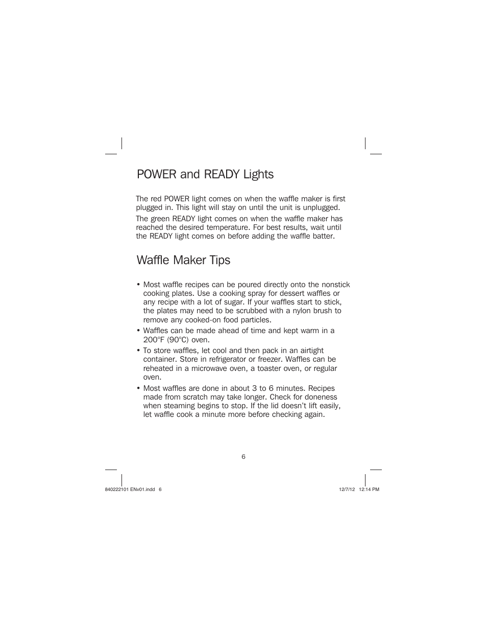 Power and ready lights waffle maker tips | Proctor-Silex Belgian Flip Waffle Maker-26060Y User Manual | Page 6 / 28