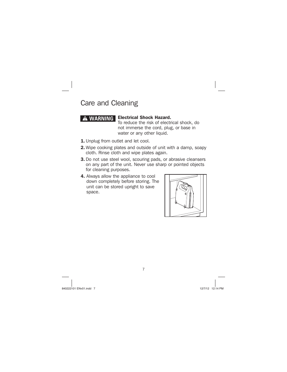 Care and cleaning, Wwarning | Proctor-Silex Belgian Flip Waffle Maker-26060Y User Manual | Page 7 / 28