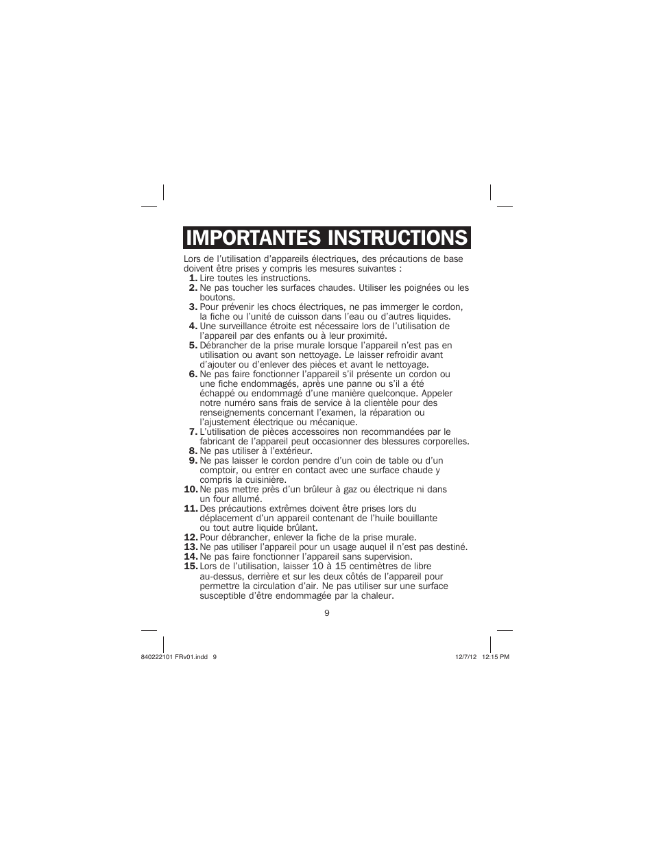 Importantes instructions | Proctor-Silex Belgian Flip Waffle Maker-26060Y User Manual | Page 9 / 28