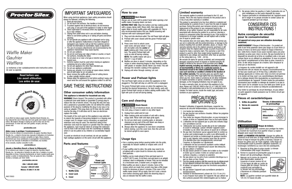 Proctor-Silex Belgian Waffle Baker-26008Y User Manual | 2 pages