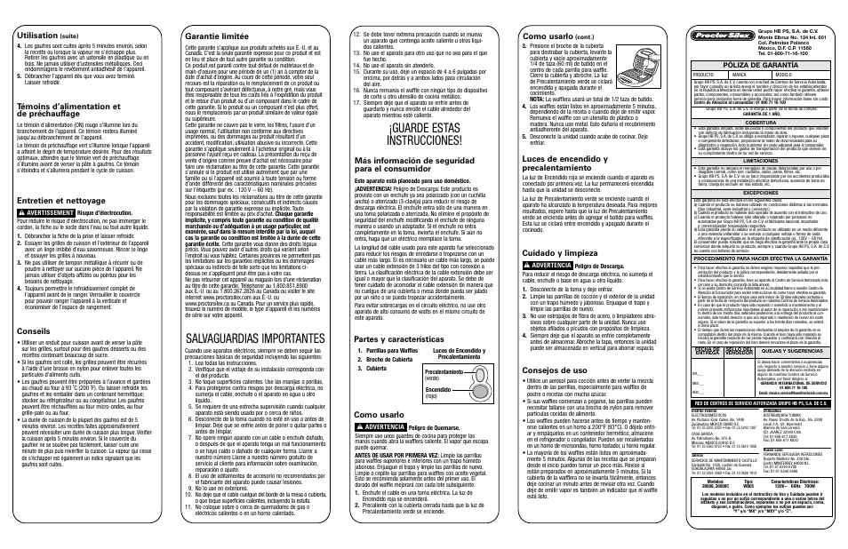 Salvaguardias importantes, Guarde estas instrucciones, Entretien et nettoyage | Conseils, Garantie limitée, Más información de seguridad para el consumidor, Partes y características, Como usarlo, Cuidado y limpieza, Consejos de uso | Proctor-Silex Belgian Waffle Baker-26008Y User Manual | Page 2 / 2