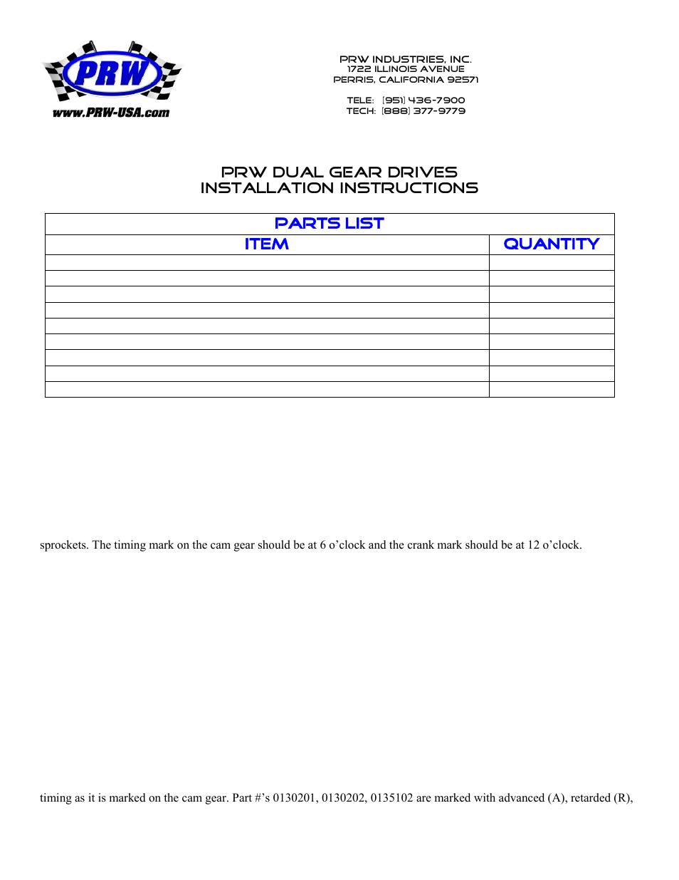 PRW 01 PRW Dual Gear Drives User Manual | 2 pages
