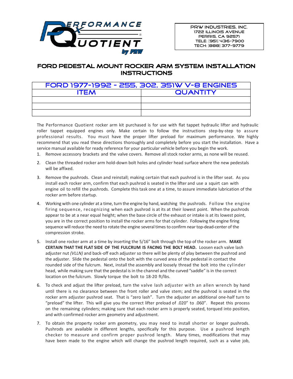 PRW 03 PQx Aluminum Ford Pedestal Mount Rocker Arms User Manual | 2 pages