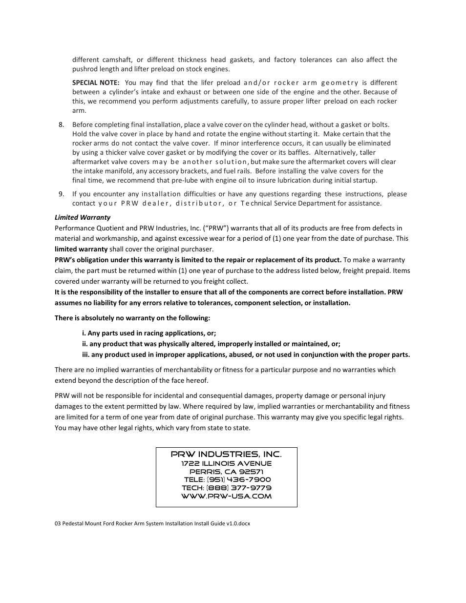 PRW 03 PQx Aluminum Ford Pedestal Mount Rocker Arms User Manual | Page 2 / 2