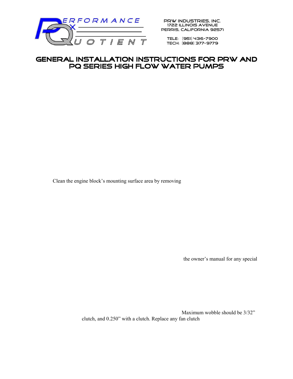 PRW 14 PQ Series High Performance Aluminum Water Pump User Manual | 2 pages