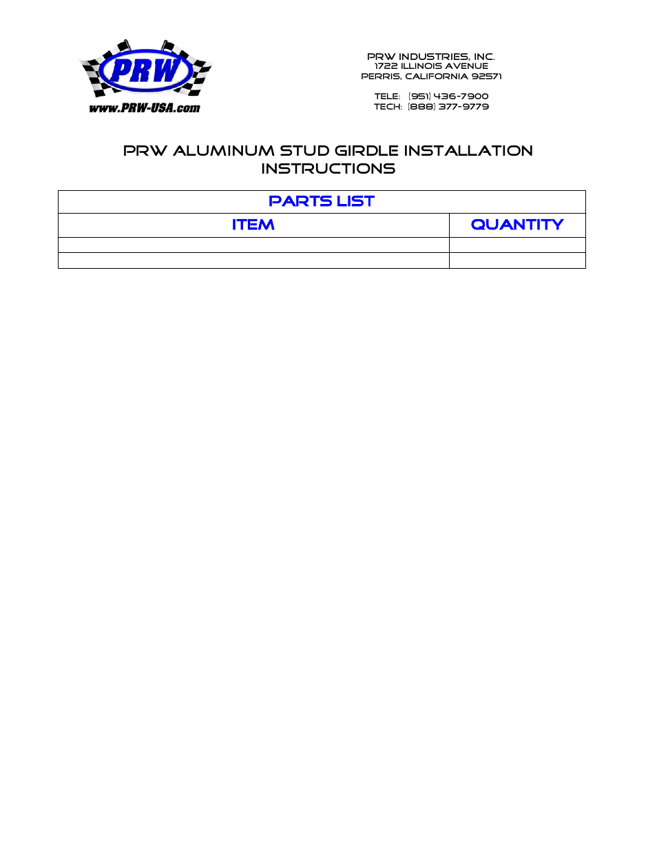 PRW 15 PRW Billet Aluminum Stud Girdle User Manual | 2 pages