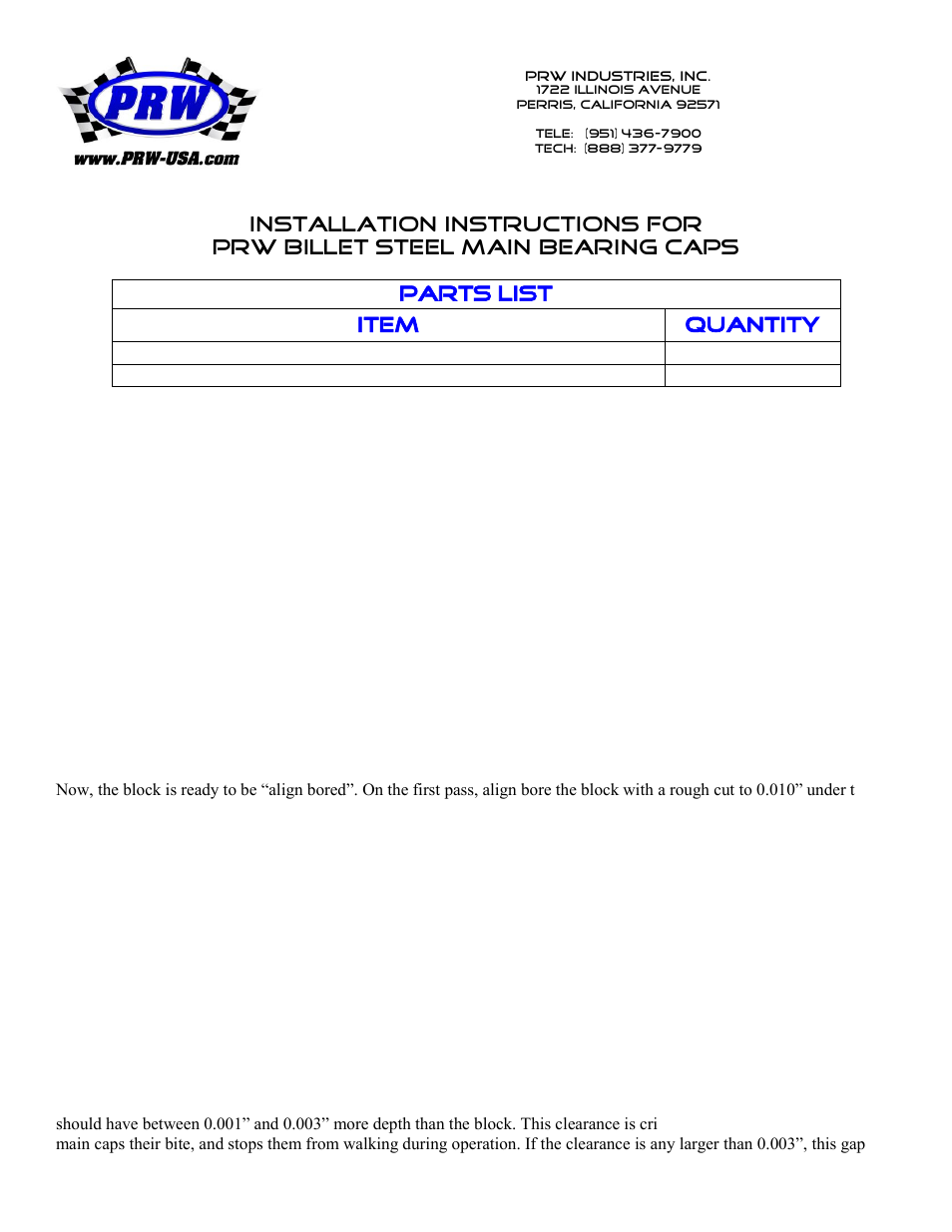 PRW 17 PRW Billet Steel Main Bearing Cap User Manual | 2 pages