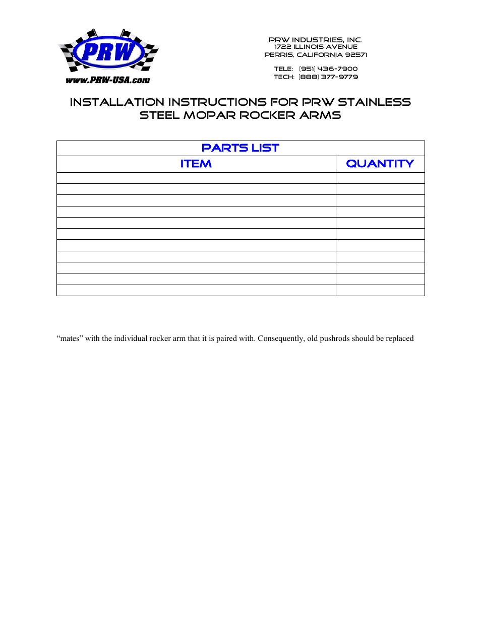 PRW 32 PQ Series Alloy Steel Mopar Shaft Mount Rocker User Manual | 2 pages