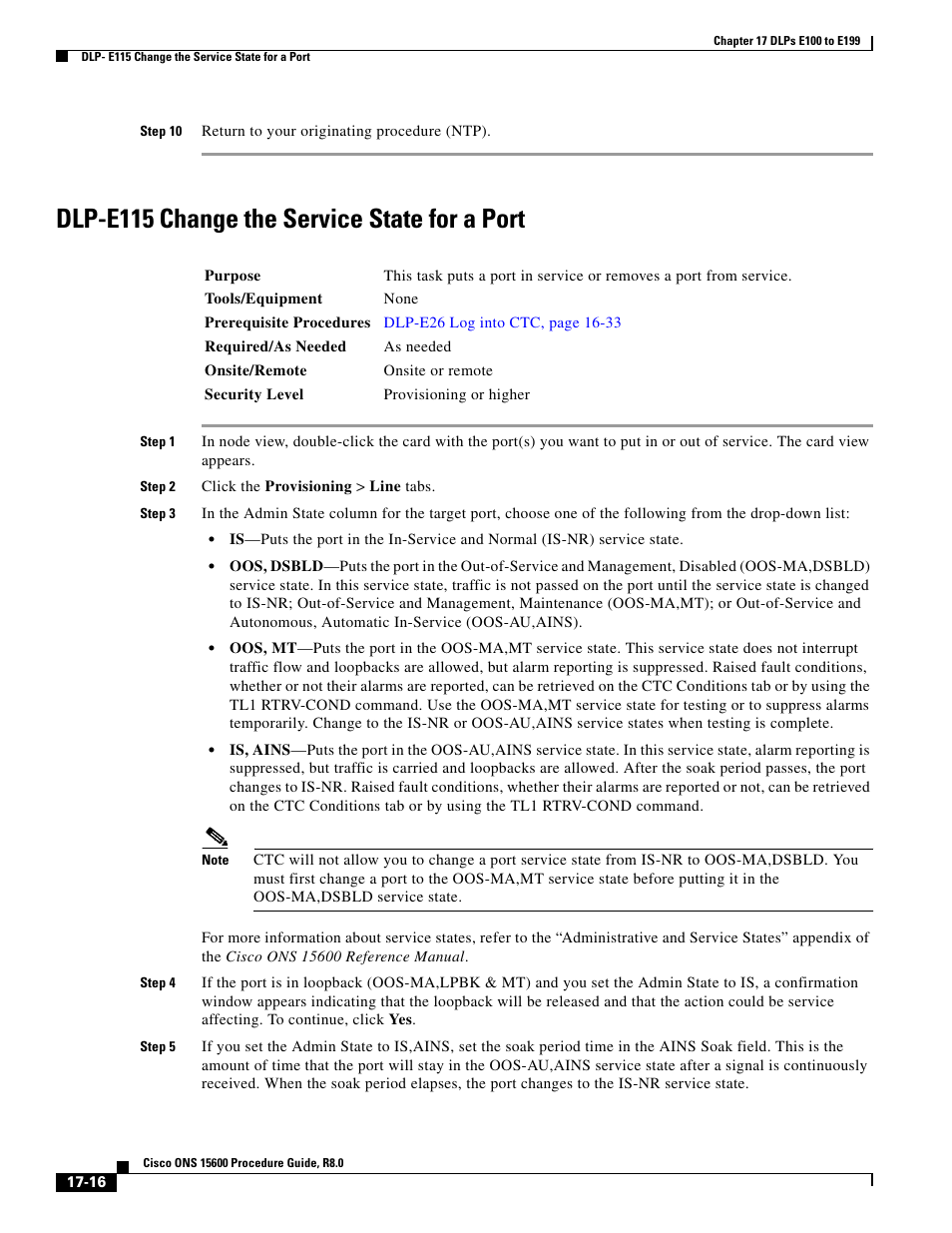 Dlp-e115 change the service state for a port | Cisco 15600 User Manual | Page 16 / 78