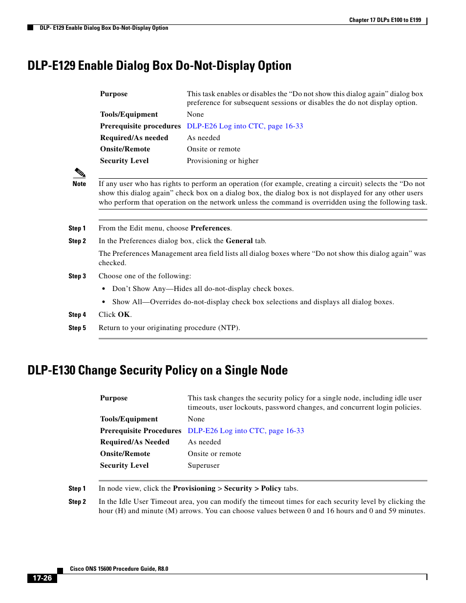 Dlp-e129 enable dialog box do-not-display option, Dlp-e130 change security policy on a single node | Cisco 15600 User Manual | Page 26 / 78