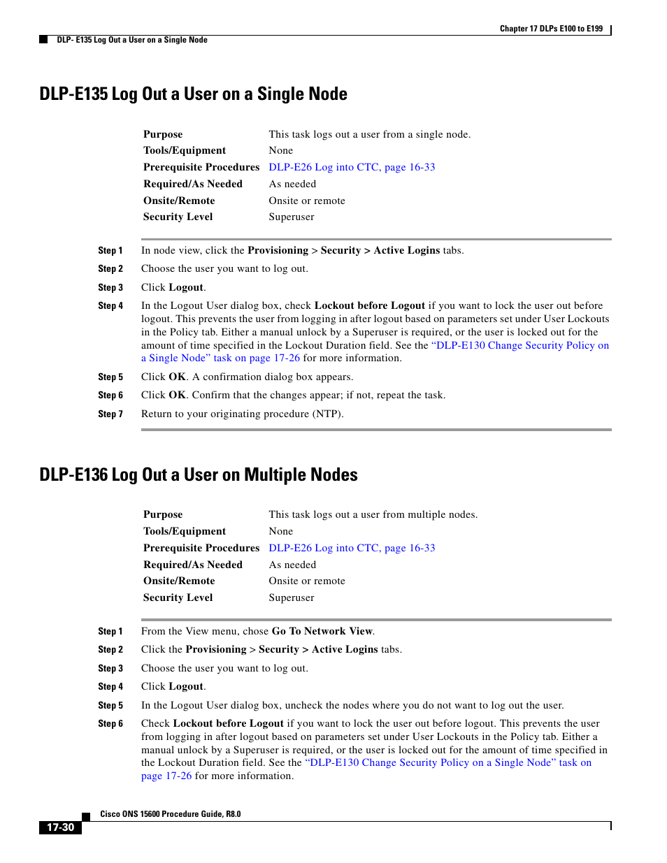 Dlp-e135 log out a user on a single node, Dlp-e136 log out a user on multiple nodes | Cisco 15600 User Manual | Page 30 / 78