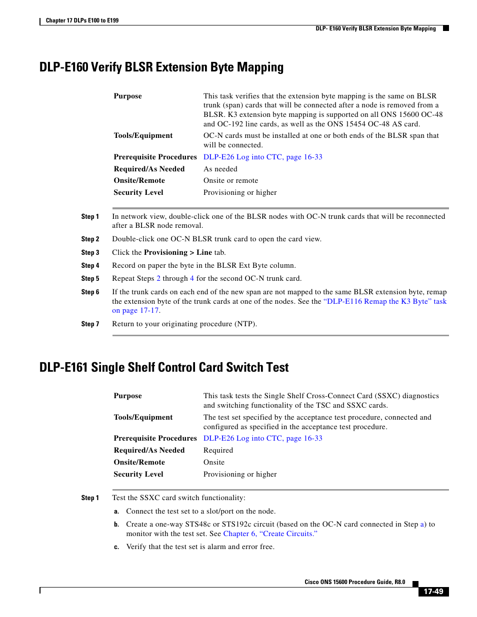 Dlp-e160 verify blsr extension byte mapping, Dlp-e161 single shelf control card switch test | Cisco 15600 User Manual | Page 49 / 78