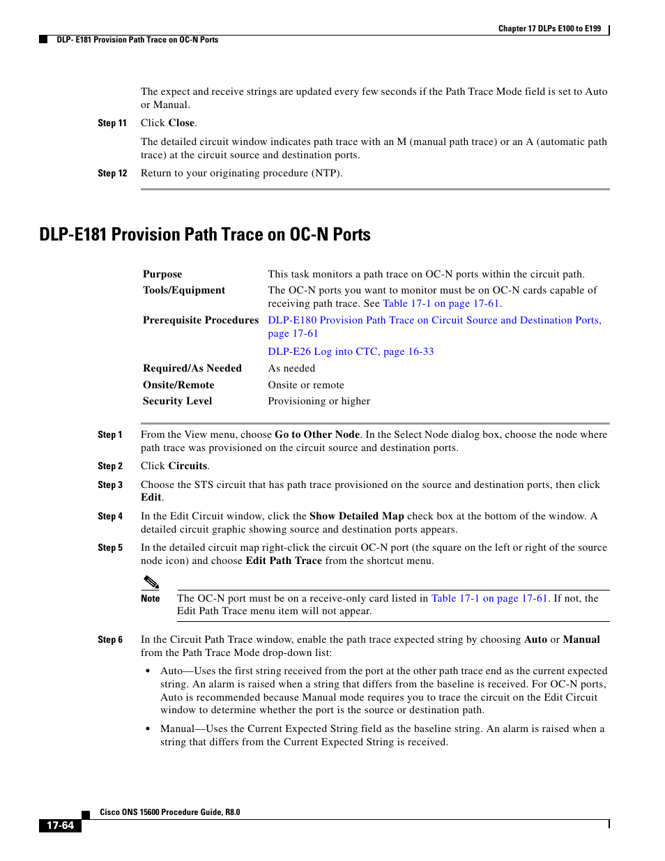 Dlp-e181 provision path trace on oc-n ports | Cisco 15600 User Manual | Page 64 / 78