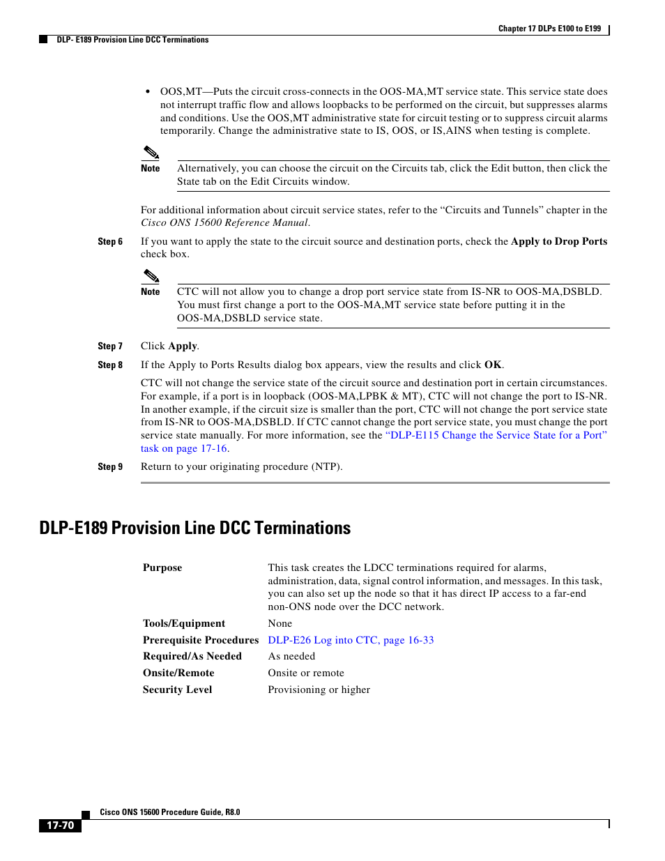 Delete sdcc, Dlp-e189 provision line dcc terminations | Cisco 15600 User Manual | Page 70 / 78