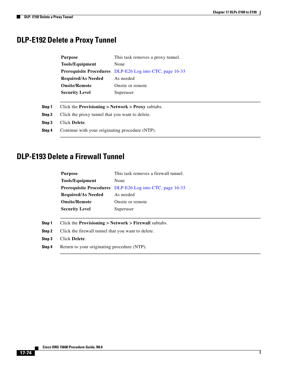 Dlp-e192 delete a proxy tunnel, Dlp-e193 delete a firewall tunnel | Cisco 15600 User Manual | Page 74 / 78