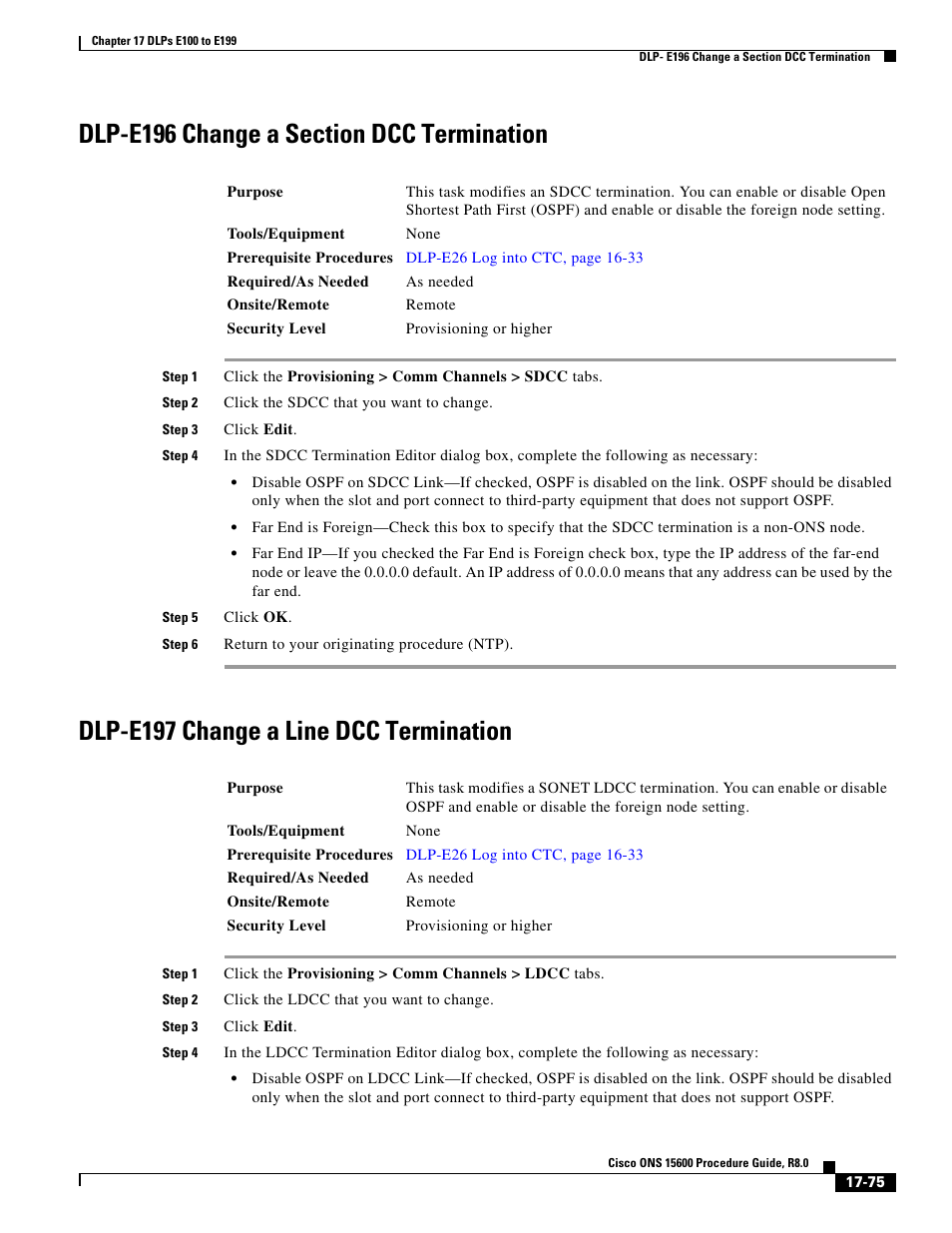 Enabled see, Dlp-e197 change a line dcc, Dlp-e196 change a section | Dlp-e197 change a line dcc termination | Cisco 15600 User Manual | Page 75 / 78