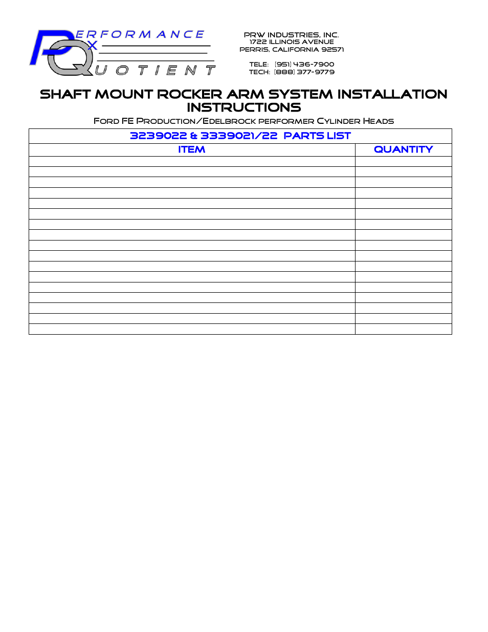 PRW 32-33 PQ Series Ford FE Shaft Mount Rocker  Rev 1-9 User Manual | 4 pages