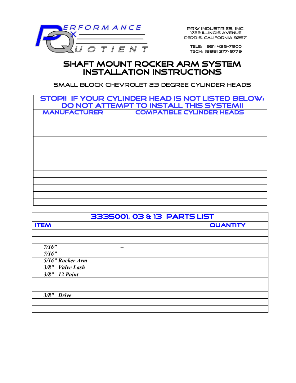 PRW 33 PQ Series Aluminum SB Chevy Shaft Mount Rocker User Manual | 5 pages