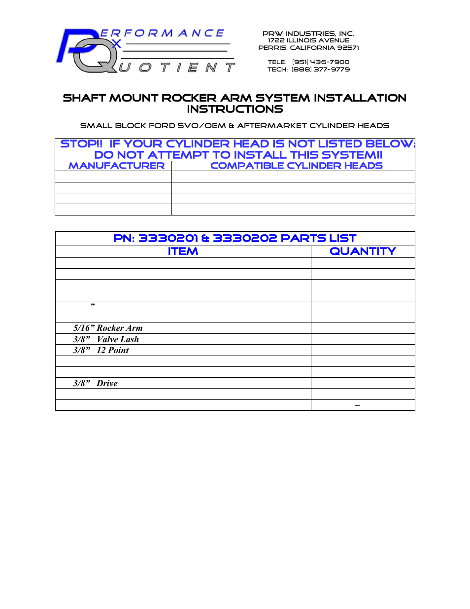 PRW 33 PQ Series Aluminum SB Ford Shaft Mount Rocker User Manual | 4 pages