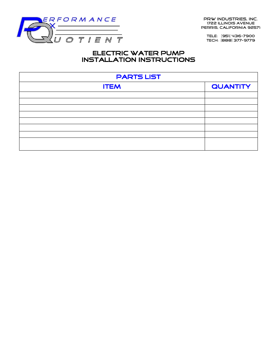 PRW 44-45 PQ Series Electric Racing Water Pump User Manual | 2 pages