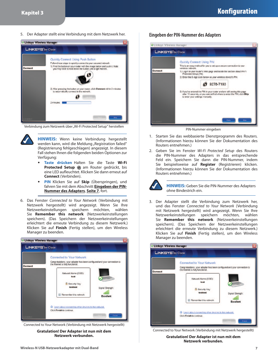 Konfiguration, Kapitel 3, Eingeben der pin-nummer des adapters | Cisco WUSB600N User Manual | Page 10 / 43