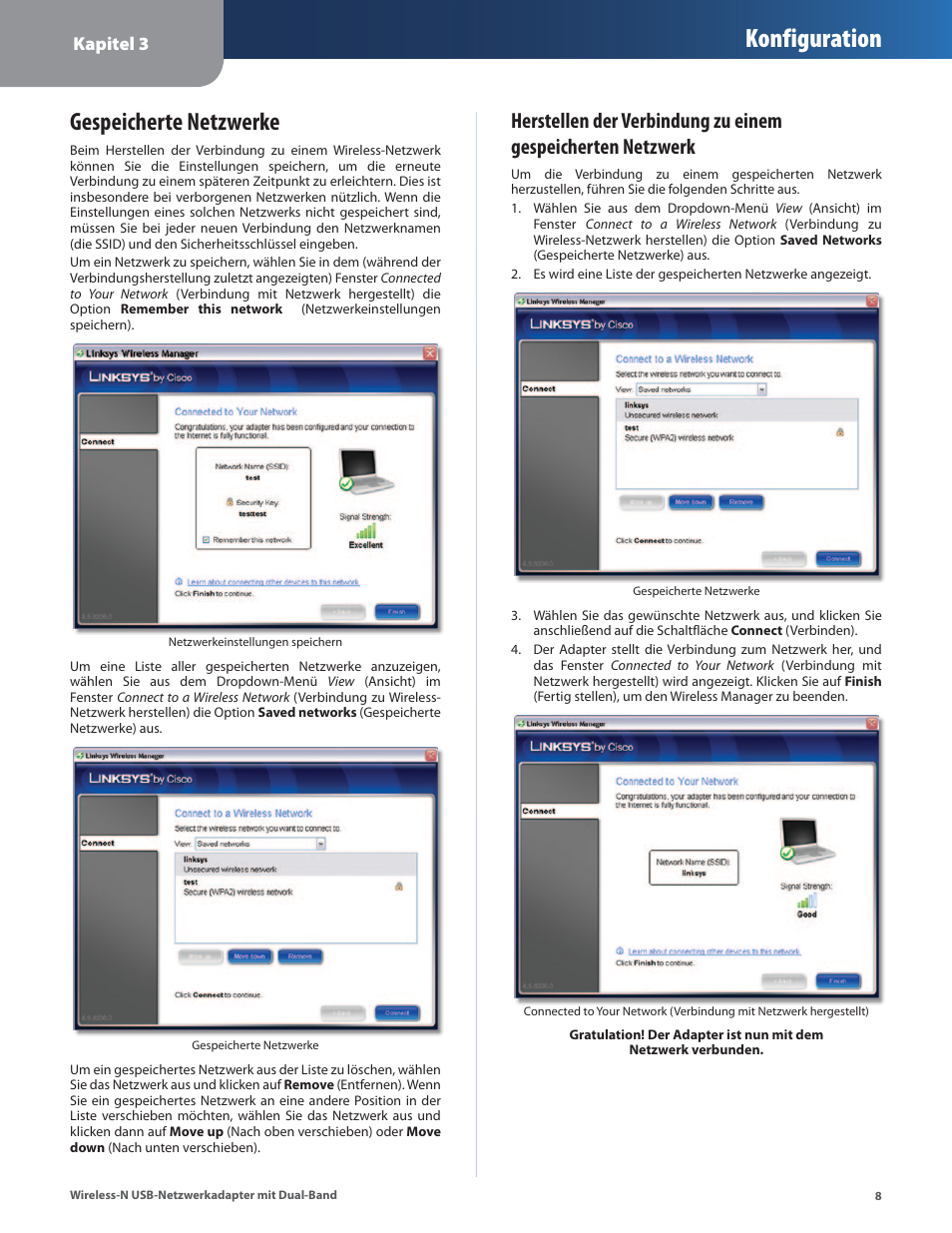 Gespeicherte netzwerke, Herstellen der verbindung mit einem gespeicherten, Netzwerk , seite 8 .) | Konfiguration | Cisco WUSB600N User Manual | Page 11 / 43