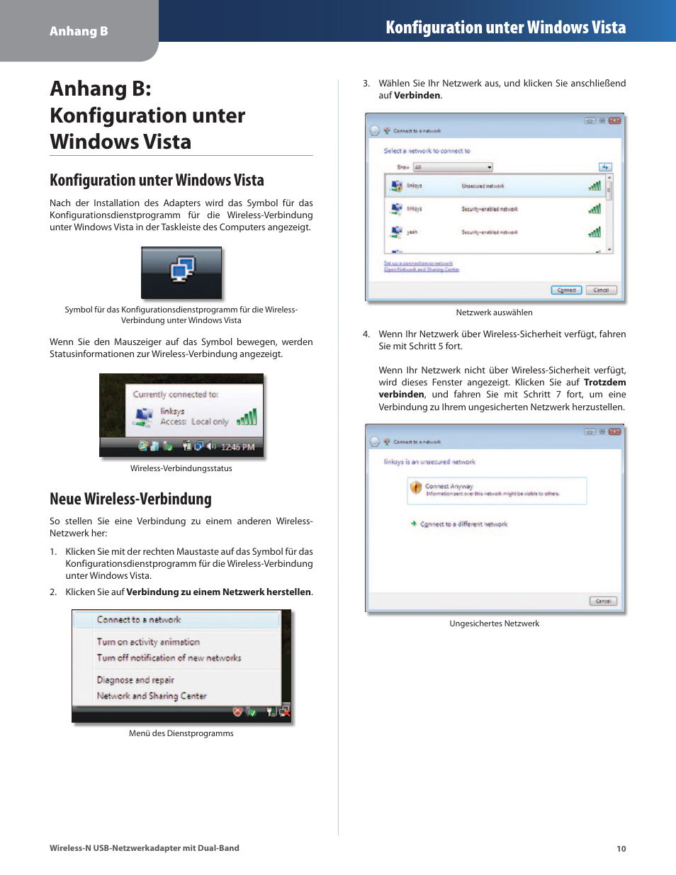 Anhang b: konfiguration unter windows vista, Konfiguration unter windows vista, Neue wireless-verbindung | Cisco WUSB600N User Manual | Page 13 / 43