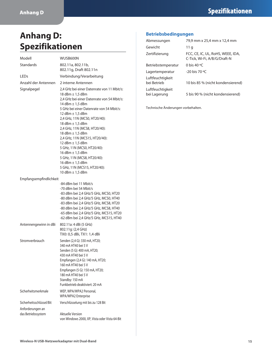 Anhang d: spezifikationen, Spezifikationen, Anhang d | Cisco WUSB600N User Manual | Page 18 / 43
