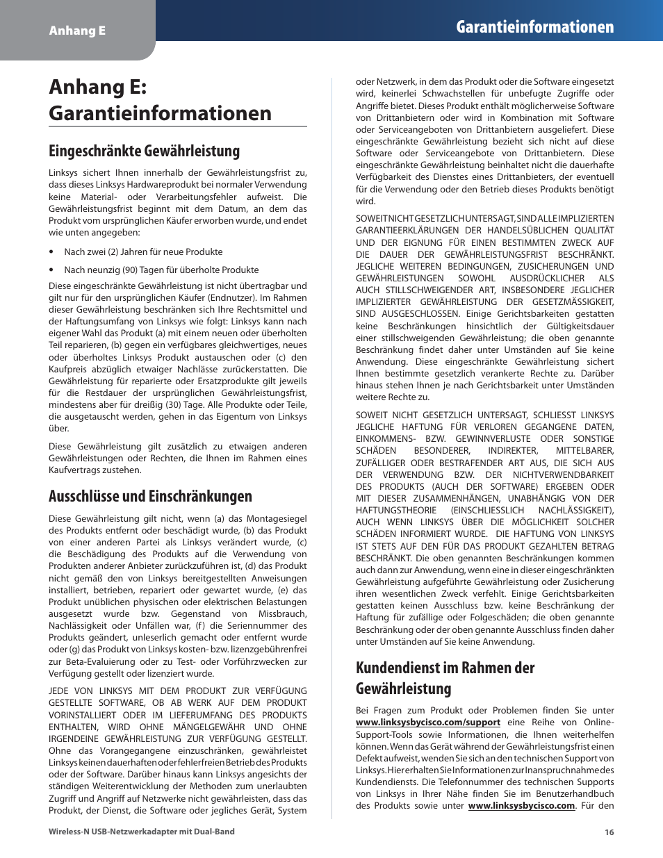 Anhang e: garantieinformationen, Eingeschränkte gewährleistung, Ausschlüsse und einschränkungen | Kundendienst im rahmen der gewährleistung, Garantieinformationen | Cisco WUSB600N User Manual | Page 19 / 43