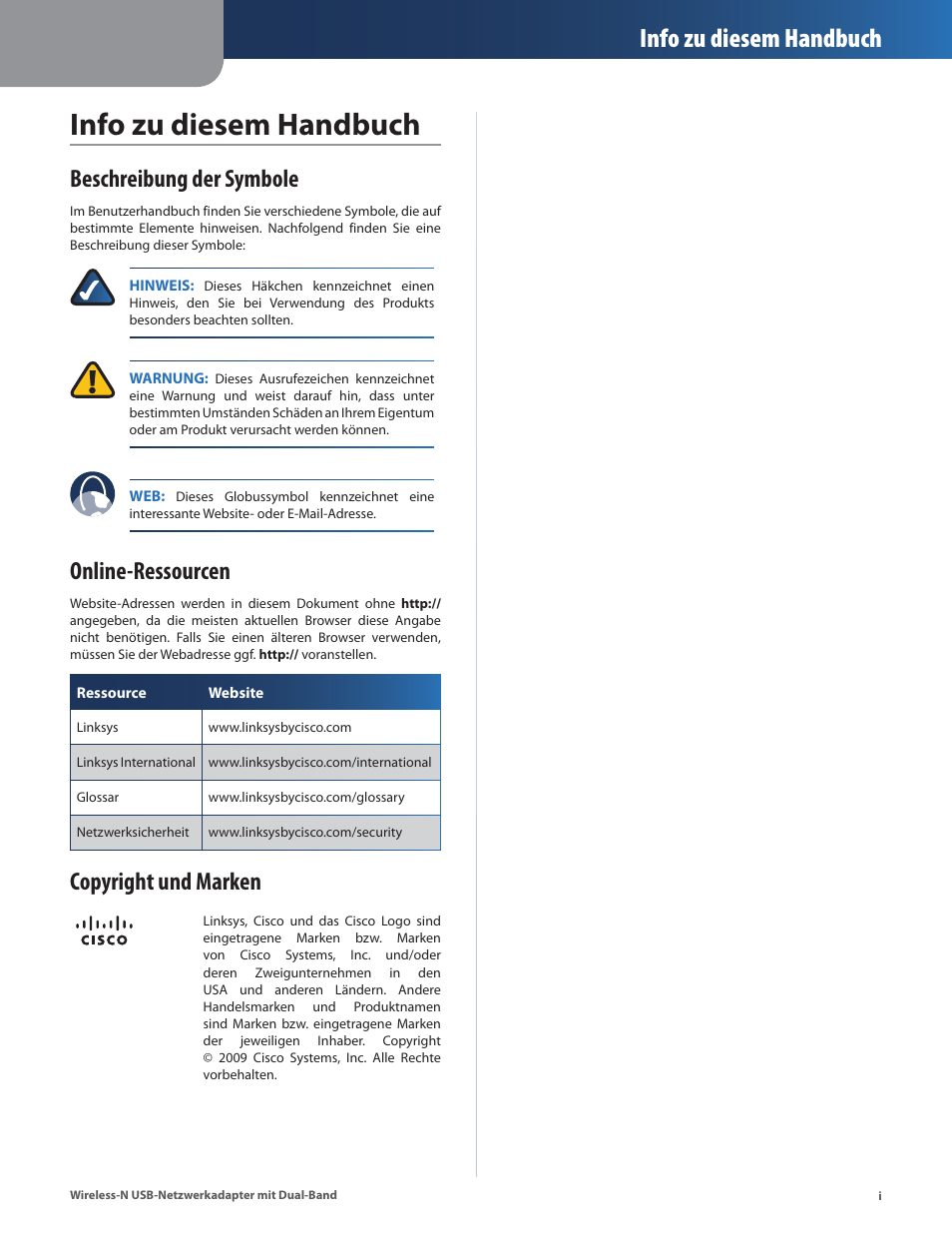 Info zu diesem handbuch, Beschreibung der symbole, Online-ressourcen | Copyright und marken | Cisco WUSB600N User Manual | Page 2 / 43