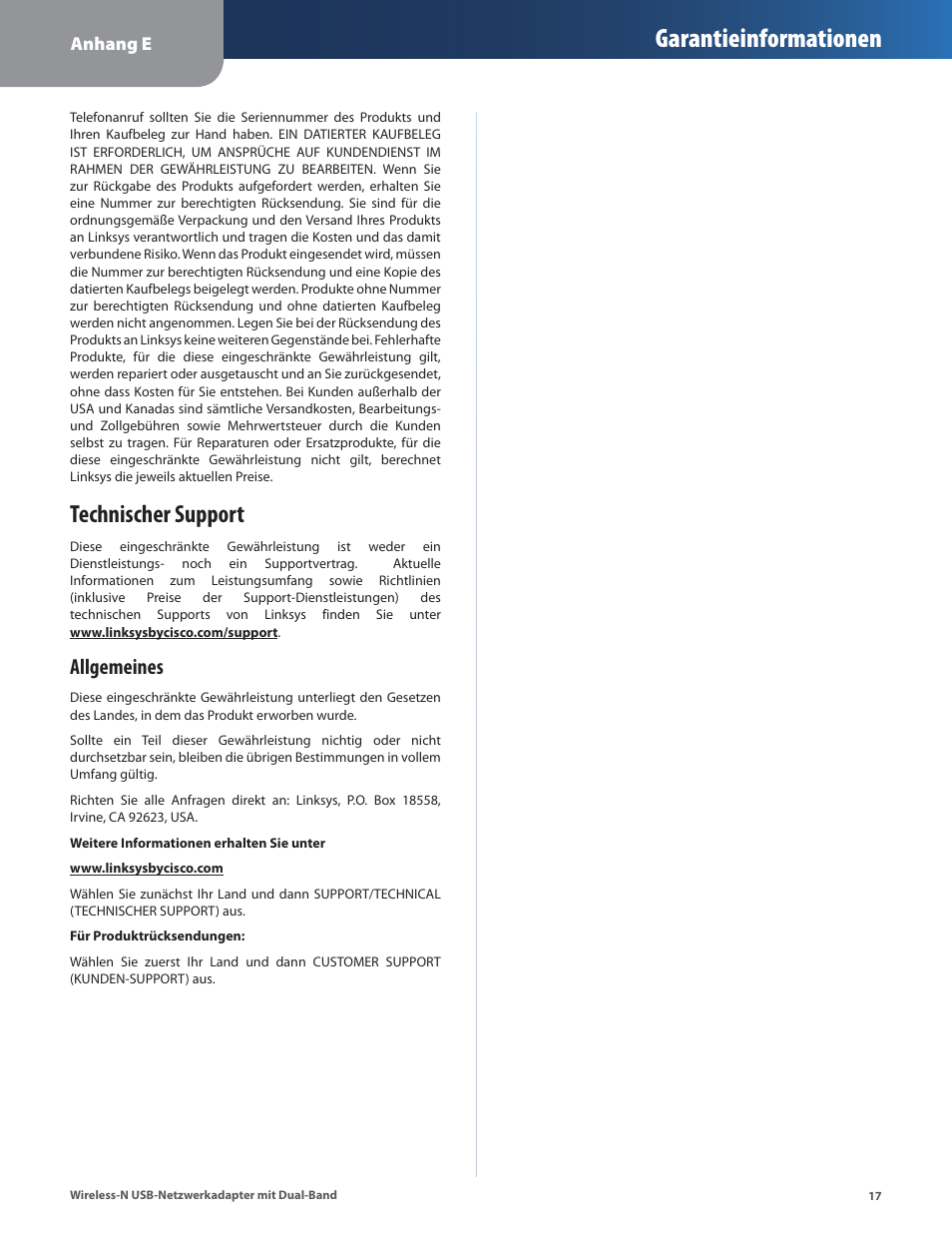 Technischer support, Garantieinformationen, Allgemeines | Cisco WUSB600N User Manual | Page 20 / 43