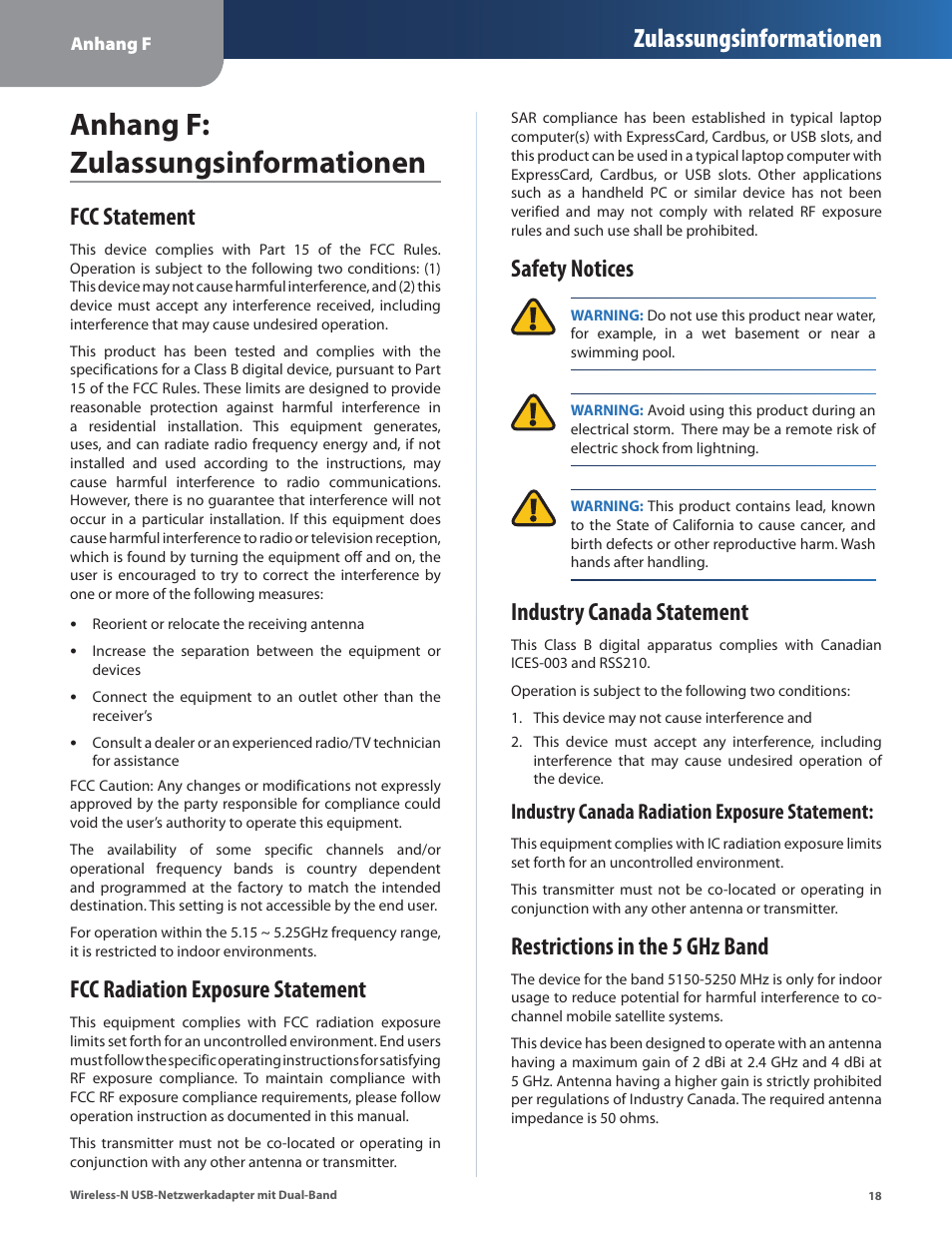 Anhang f: zulassungsinformationen, Fcc statement, Fcc radiation exposure statement | Safety notices, Industry canada statement, Restrictions in the 5 ghz band, Zulassungsinformationen, Industry canada radiation exposure statement | Cisco WUSB600N User Manual | Page 21 / 43