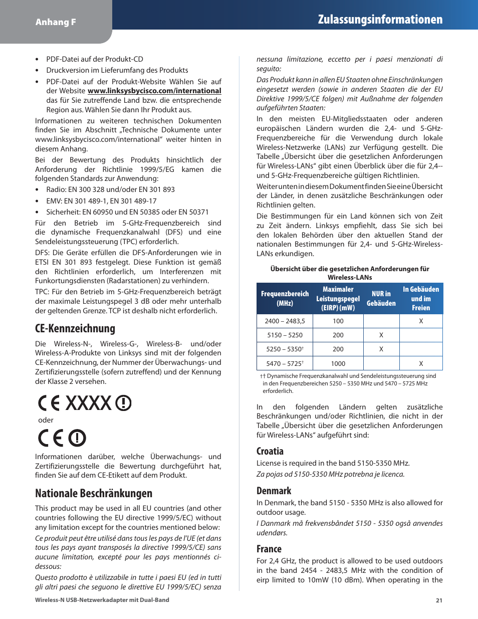 Ce-kennzeichnung, Nationale beschränkungen, Ce-kennzeichnung nationale beschränkungen | Zulassungsinformationen, Croatia, Denmark, France | Cisco WUSB600N User Manual | Page 24 / 43