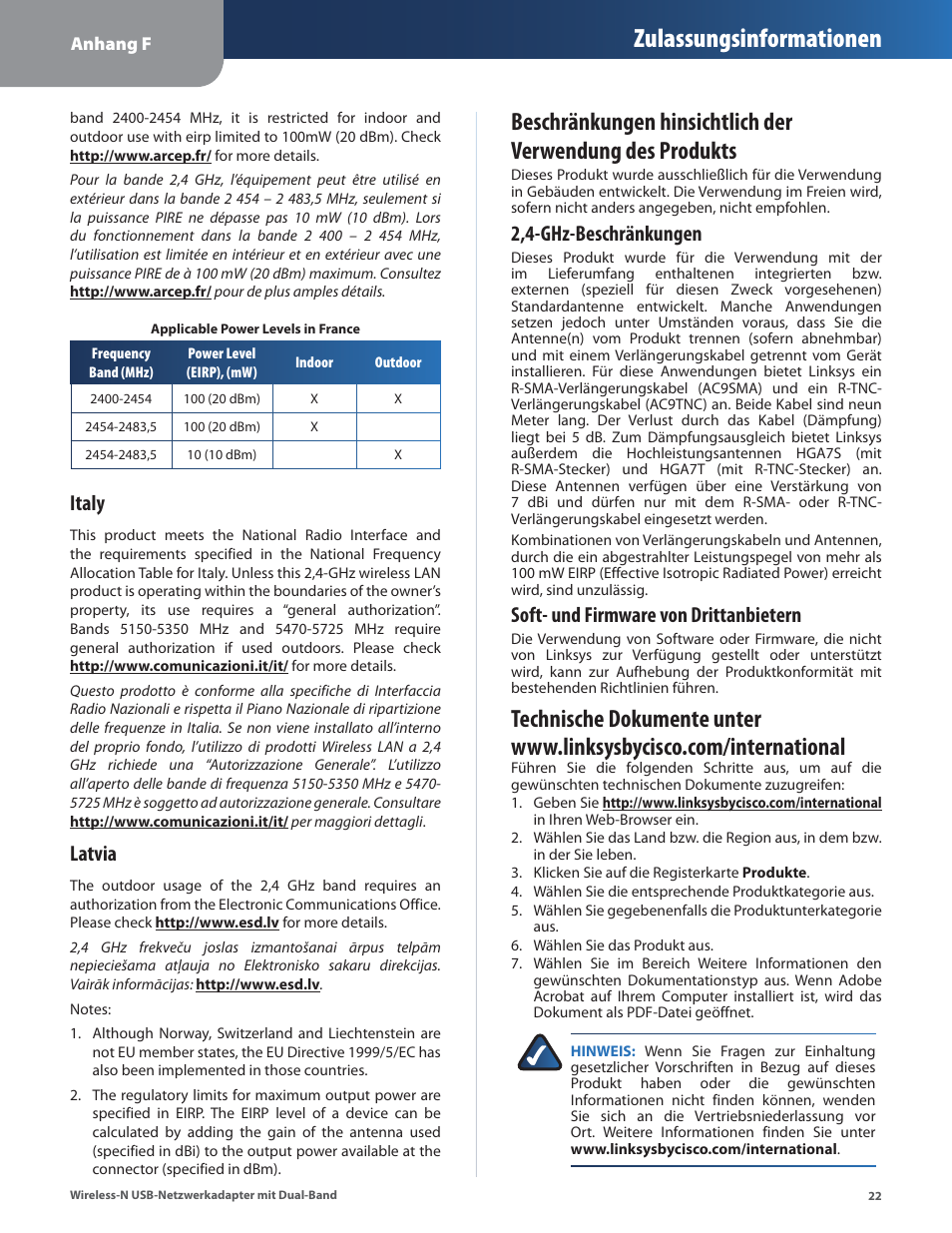 Www.linksysbycisco.com/international, Zulassungsinformationen, Italy | Latvia, 2,4-ghz-beschränkungen, Soft- und firmware von drittanbietern | Cisco WUSB600N User Manual | Page 25 / 43