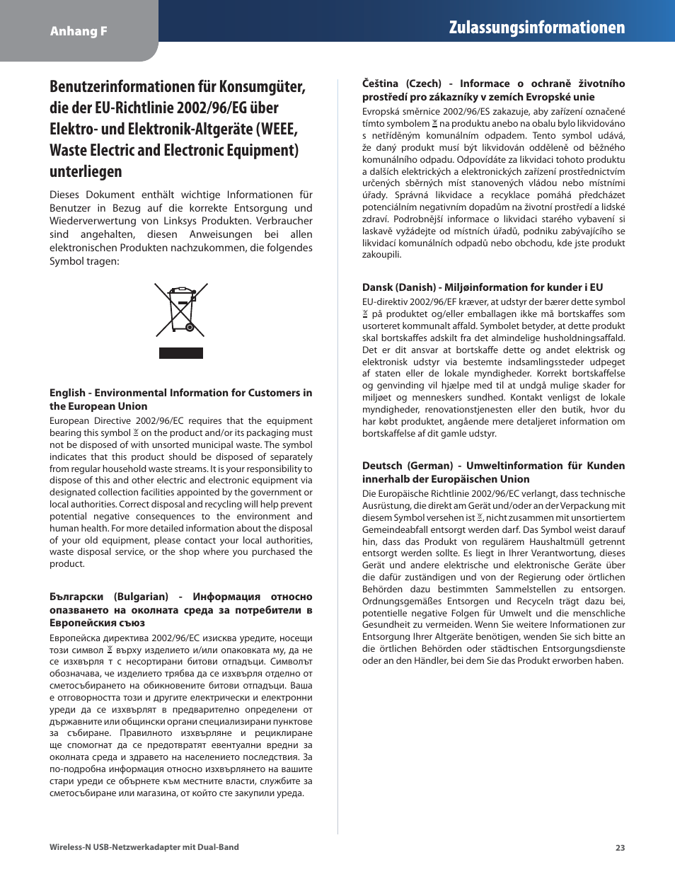 Unterliegen, Zulassungsinformationen | Cisco WUSB600N User Manual | Page 26 / 43